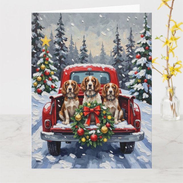 Cartão Springer Spaniel Christmas Red Truck Holiday (Flor Amarela)