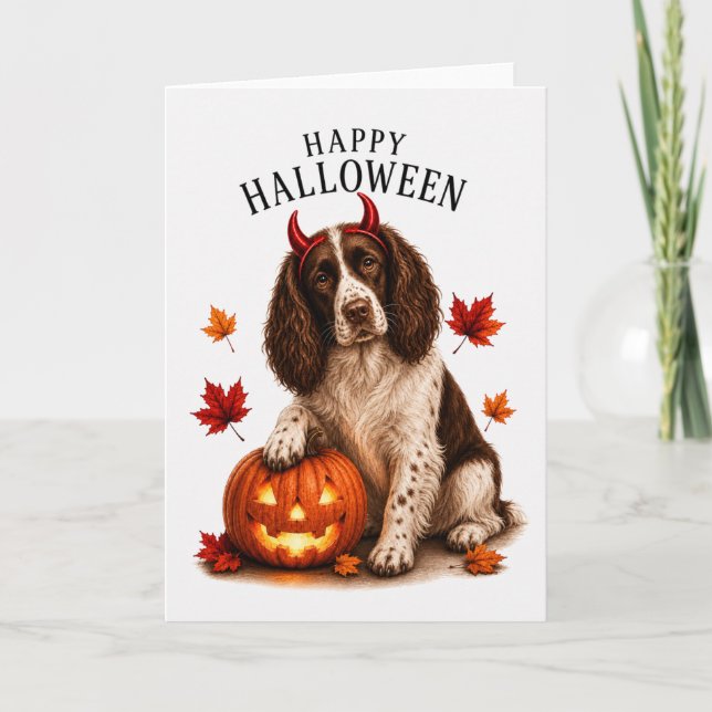 Cartão Springer Spaniel Halloween Diabo Cão (Frente)
