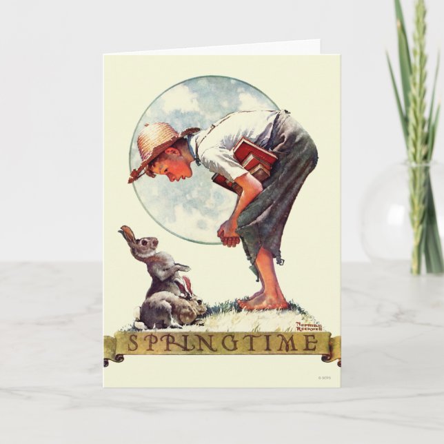 Cartão Springtime, garoto de 1935 com coelho (Frente)