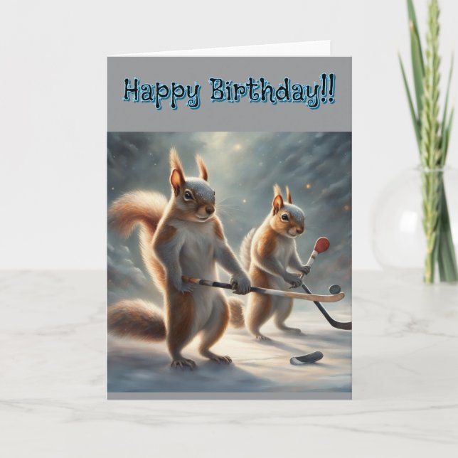 Cartão Squirrels playing Hockey Birthday (Frente)