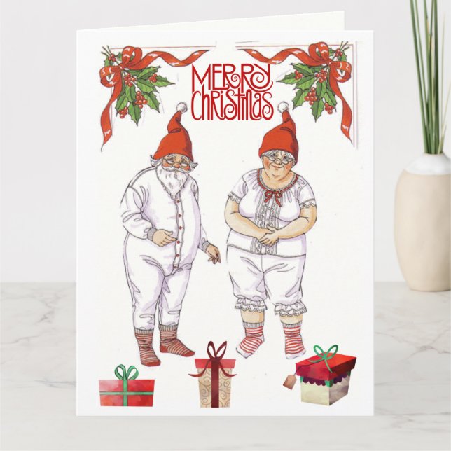 Cartão Sr. e Sra. Papai Noel 🤶 Bonecas de Papel com roup (Frente)
