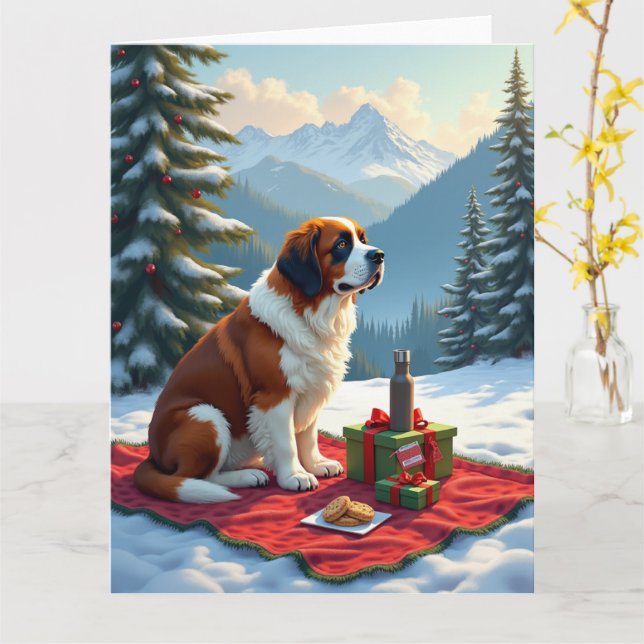 Cartão St. Bernard Winter Picnic Christmas Painting (Flor Amarela)