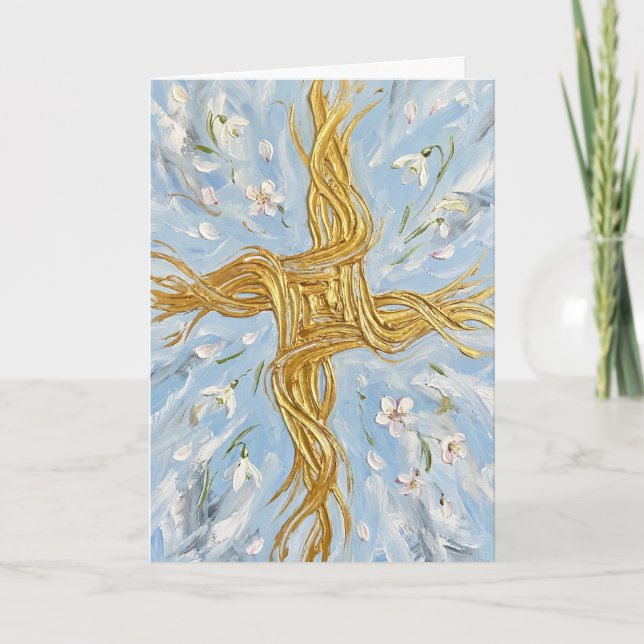 Cartão St Brigid's Cross Snowdrops Golden Imbolc Art (Frente)