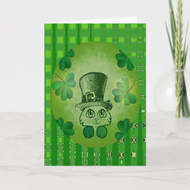 Cartão St. Patrick's Cat with Shamrocks Drawing Card (Frente)
