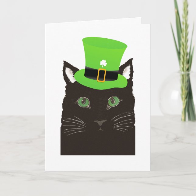Cartão St. Patrick's Day Black Cat wearing Green Hat (Frente)