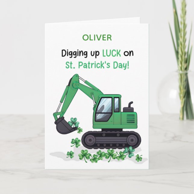 Cartão St Patricks Day Construction Excavator Digging Up  (Frente)