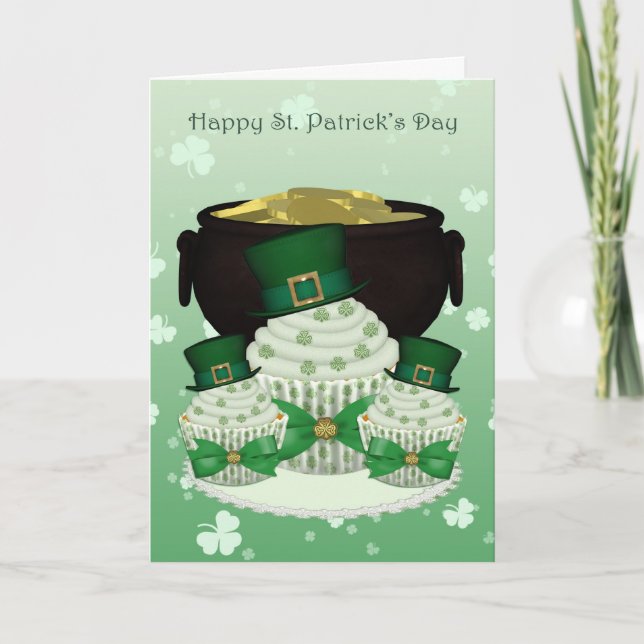 Cartão St. Patrick's Day Cupcake And Pot Of Gold Card (Frente)