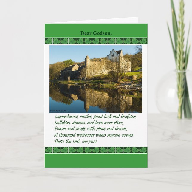 Cartão St. Patrick's Day, Godson, Poem, Castle, Shamrocks (Frente)