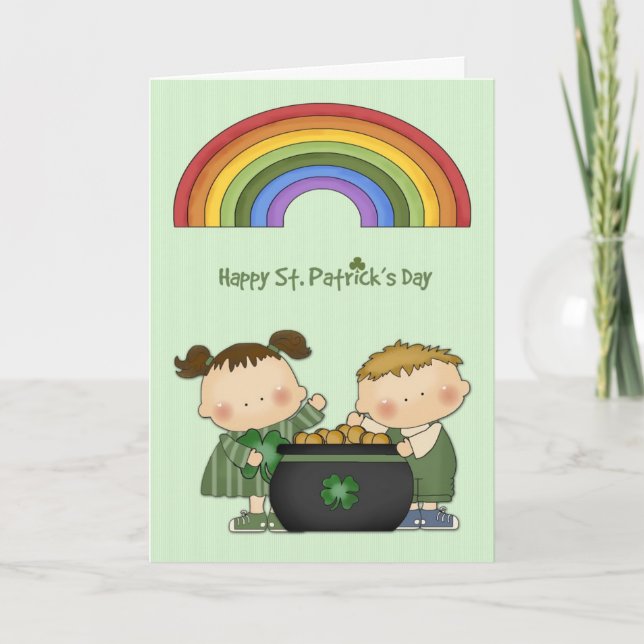Cartão St. Patrick's Day, Pot of Gold, Rainbow, Children (Frente)
