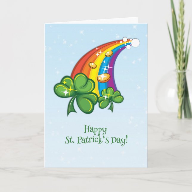 Cartão St. Patrick's Day, Rainbow, Shamrocks, Gold Coins (Frente)