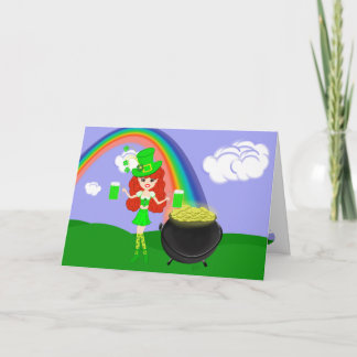 Cartão St Pat's Day Redhead Girl Leprechaun with Rainbow
