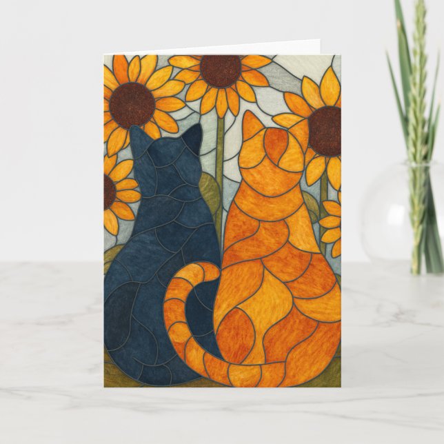 Cartão Stained Glass Cats and Sunflowers Art Design (Frente)