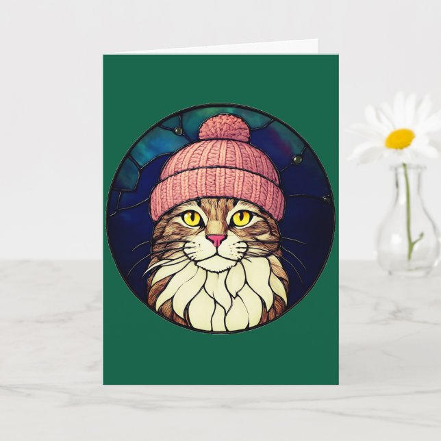 Cartão Stained-Glass Christmas Tabby Cat In Pink Cap (Planta pequena)