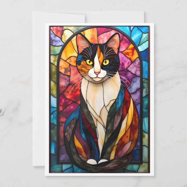 Cartão Stained Glass Style Charming Calico Cat (Frente)