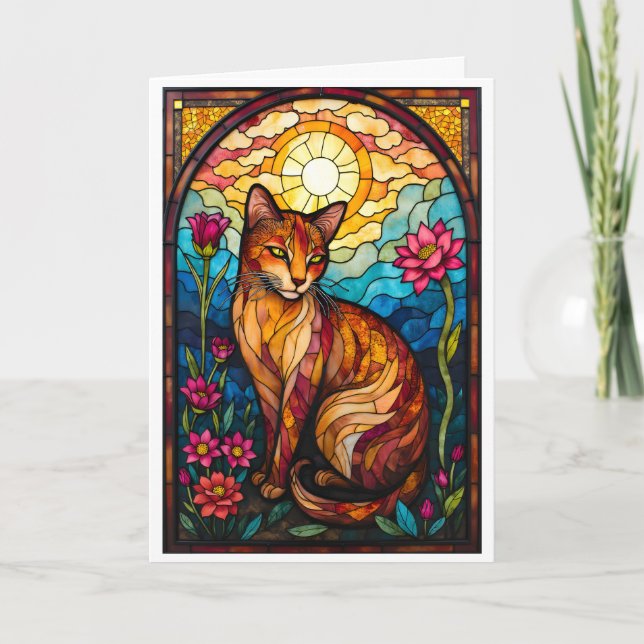 Cartão Stained Glass Style Orange Kitty with Pink Flowers (Frente)