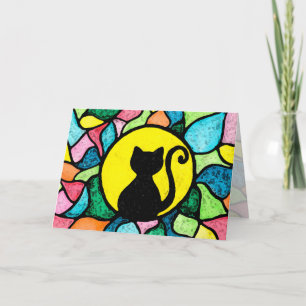 Cartão Stained Glass Watercolor Black Kitty Greeting Card