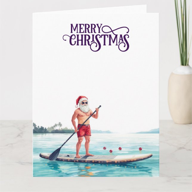 Cartão Stand-Up Paddle Santa — Coastal Christmas Holiday (Frente)