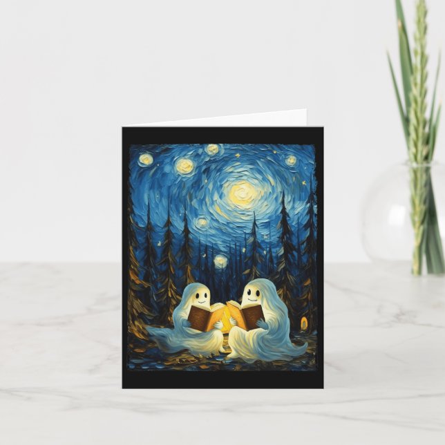 Cartão Starry Night Ghost Book Lendo Campanha (Frente)