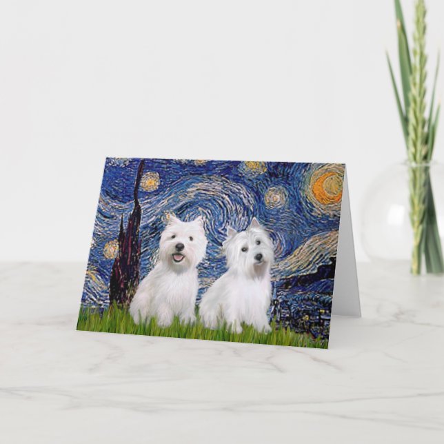 Cartão Starry Night - Westies (dois) (Frente)