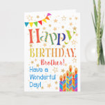 Cartão Stars, Bunting, Candles for Brother Birthday<br><div class="desc">A colourful, text-based Birthday Card for a Brother, with Polka Dot Bunting, bright, striped birthday cake candles and sprinkled with gold-effect stars. The patterned text says, 'Happy Birthday' and there is also 'Have a wonderful day!' in blue lettering (NB the gold effect stars and outlines will be as seen and...</div>