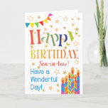 Cartão Stars, Bunting, Candles for Son-in-Law Birthday<br><div class="desc">A colourful, text-based Birthday Card for a Son-in-Law with Polka Dot Bunting, bright, striped birthday cake candles and sprinkled with gold-effect stars. The patterned text says, 'Happy Birthday' and there is also 'Have a wonderful day!' in blue lettering (NB the gold effect stars and outlines will be as seen and...</div>