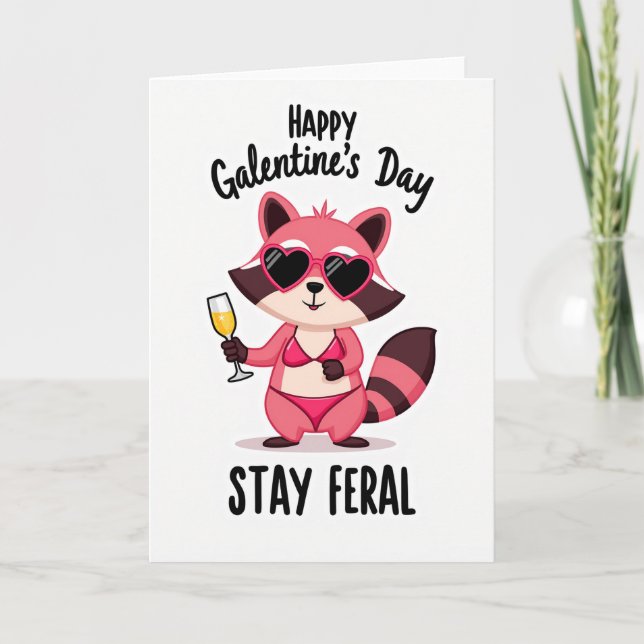 Cartão Stay Feral Galentines Raccoon Card (Frente)