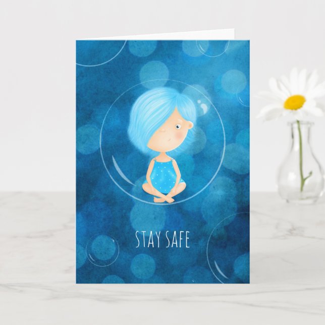 Cartão Stay Safe Covid Cute Funny Girl Bubble Drawing (Planta pequena)