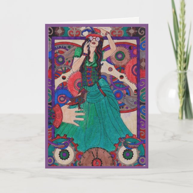 Cartão Steampunk 13 Birthday Card - Green Dress (Frente)