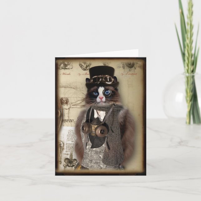 Cartão Steampunk Cat Custom Notecard (Frente)
