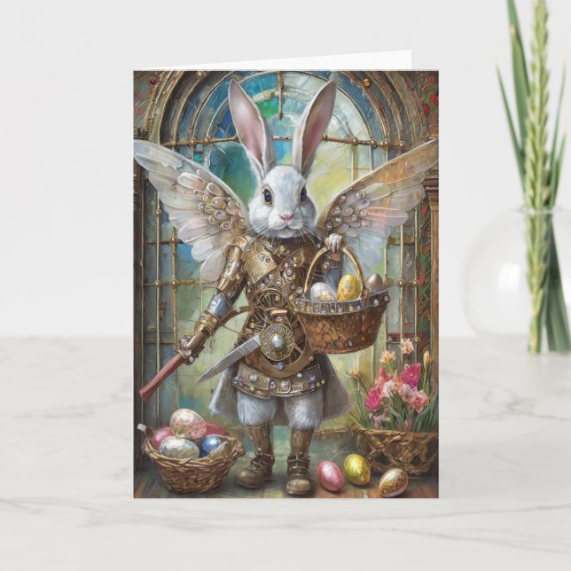 Cartão Steampunk Easter Bunny Warrior Angel (Frente)