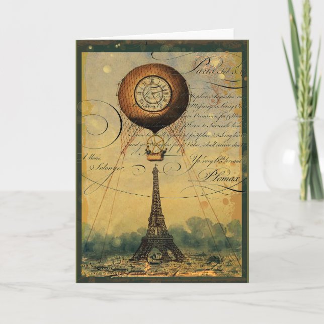 Cartão Steampunk Eiffel Tower & Hot Air Balloon (Frente)
