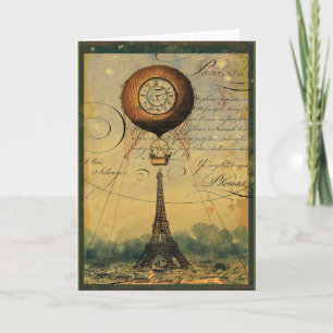 Cartão Steampunk Eiffel Tower & Hot Air Balloon