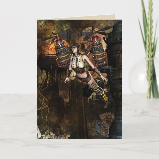 Cartão steampunk flying girl greeting card (Frente)
