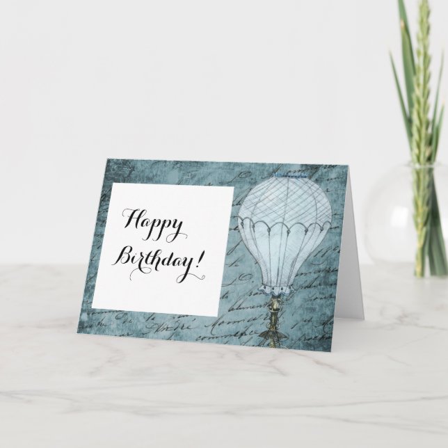 Cartão Steampunk Hot Air Balloon Dusk Blue Handwriting (Frente)