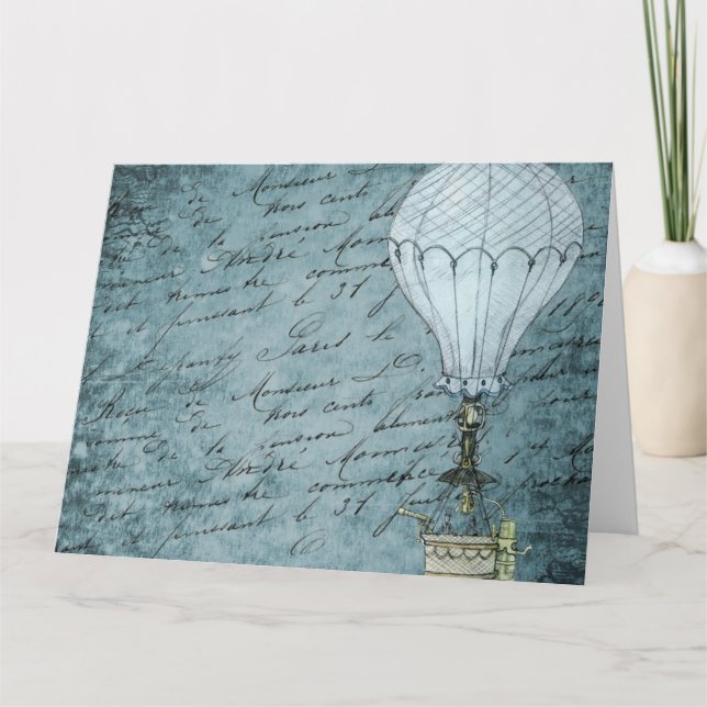 Cartão Steampunk Hot Air Balloon Dusk Blue Handwriting (Frente)