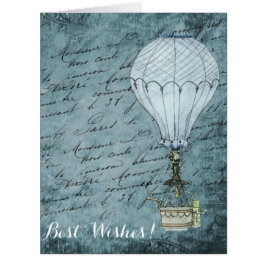 Cartão Steampunk Hot Air Balloon Dusk Blue Manuscrito