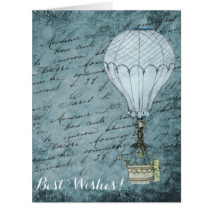 Cartão Steampunk Hot Air Balloon Dusk Blue Manuscrito