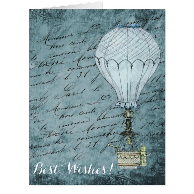 Cartão Steampunk Hot Air Balloon Dusk Blue Manuscrito (Frente)