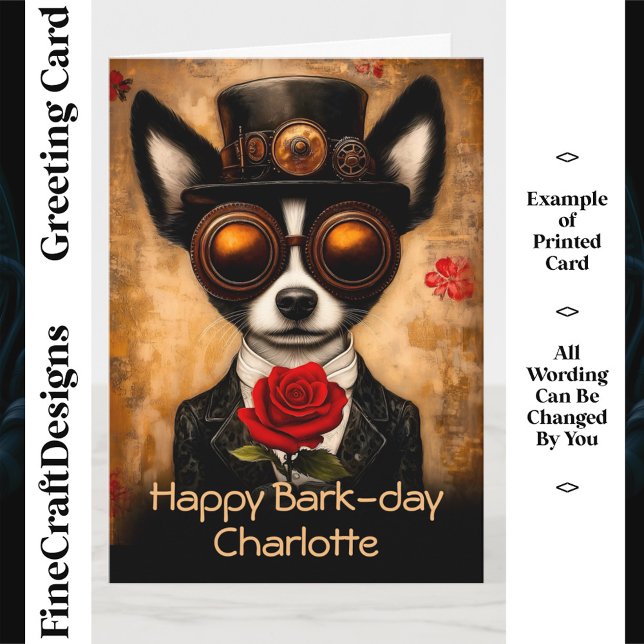 Cartão Steampunk Papillon Dog & Rosa vermelha CQ6 Anivers (Criador carregado)