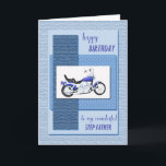 Cartão Step father, a birthday card with a motor bike<br><div class="desc">A blue motor cycle on an abstract blue background. The front says "Happy Birthday to my wonderful step father". A great card for a bike enthusiast.
A birthday card for a step father.</div>