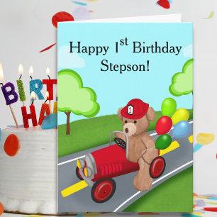 Cartão Stepson Happy primeiro aniversario Teddy Bear Fire