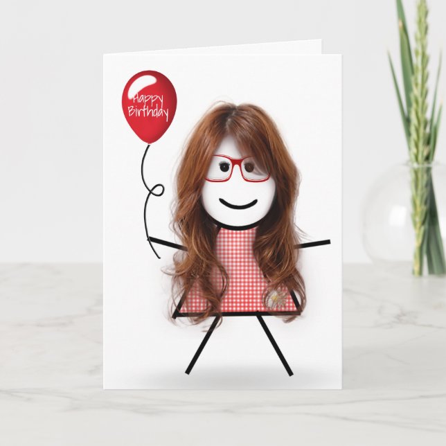Cartão Stick Birthday Gingham Girl com Red Balloon (Frente)
