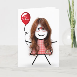Cartão Stick Birthday Gingham Girl com Red Balloon
