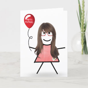 Cartão Stick Birthday Gingham Girl com Red Balloon