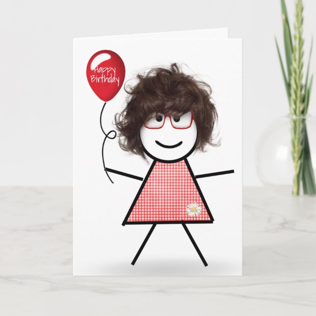 Cartão Stick Birthday Gingham Girl com Red Balloon (Frente)