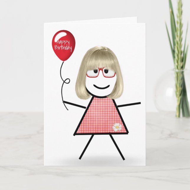 Cartão Stick Birthday Gingham Girl com Red Balloon (Frente)