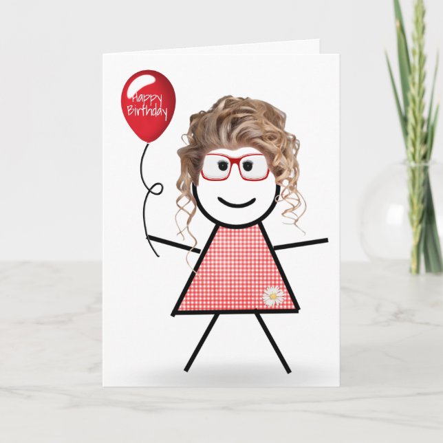 Cartão Stick Birthday Gingham Girl com Red Balloon (Frente)
