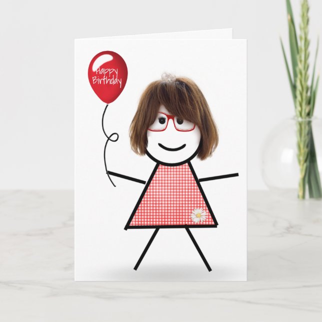 Cartão Stick Birthday Gingham Girl com Red Balloon (Frente)