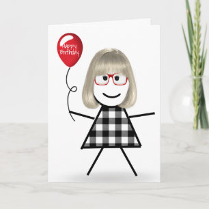 Cartão Stick Birthday Girl com Red Balloon
