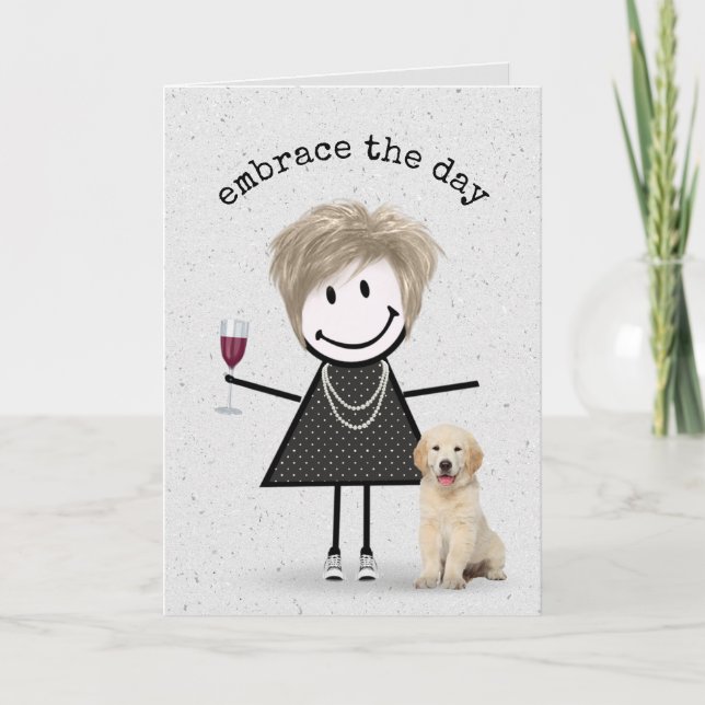 Cartão Stick Figure Birthday Girl with Dog (Frente)